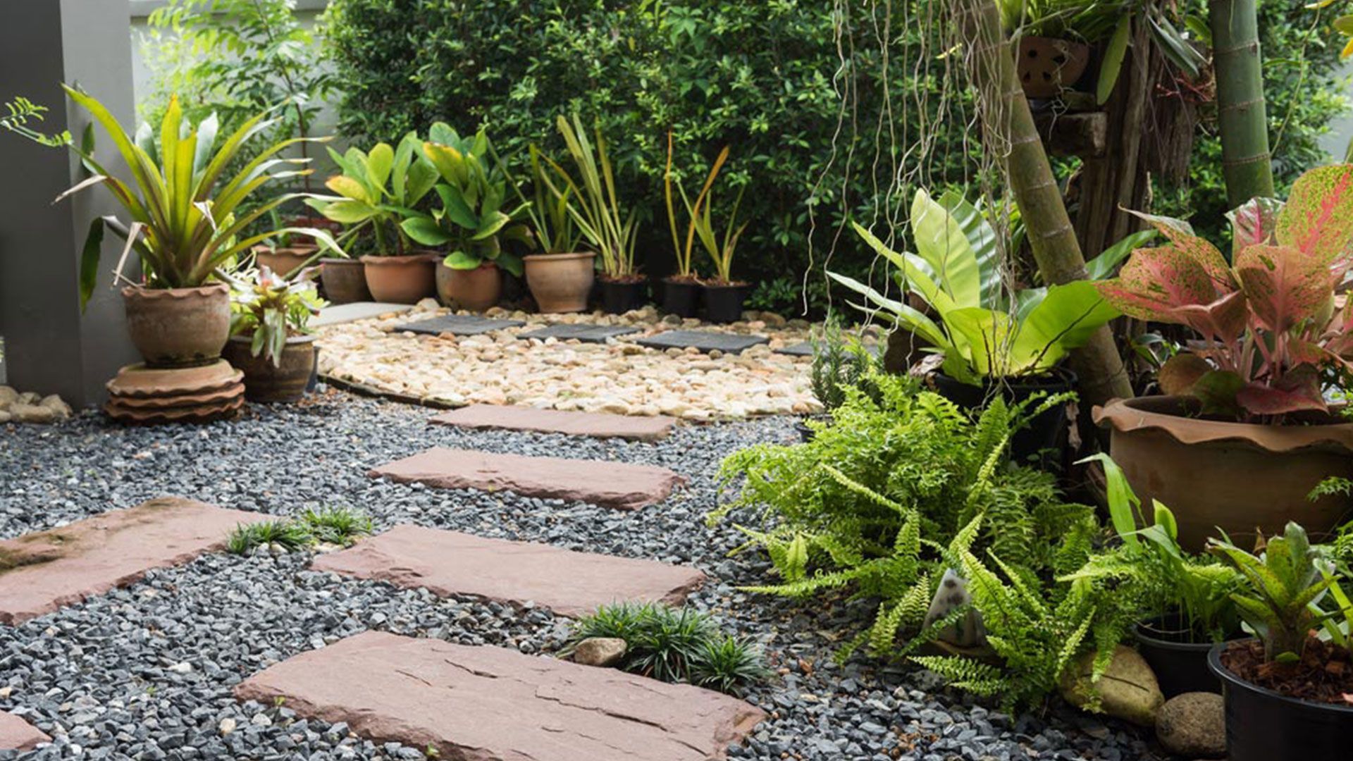 A Garden Filled With Lots Of Potted Plants And Rocks — Mudgeeraba Landscape Centre In Mudgeeraba, QLD
