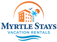 Myrtle Stays Vacation Rentals logo with orange building, palm trees, sun, and blue wave accents