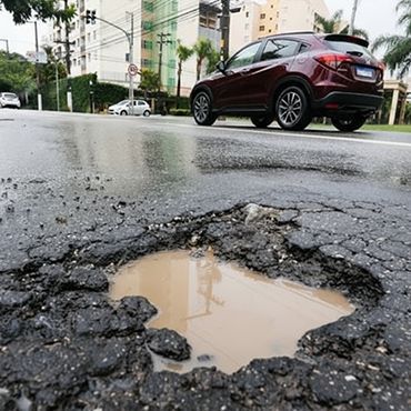Grande buraco cheio de água barrenta em uma estrada molhada, com um SUV bordô ao fundo.