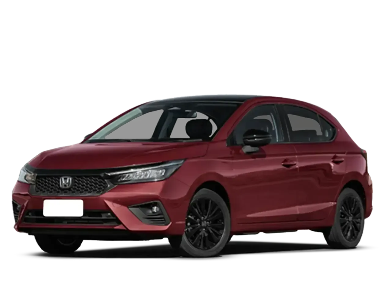 Honda City hatchback vermelho com teto e rodas pretas, sobre fundo branco.