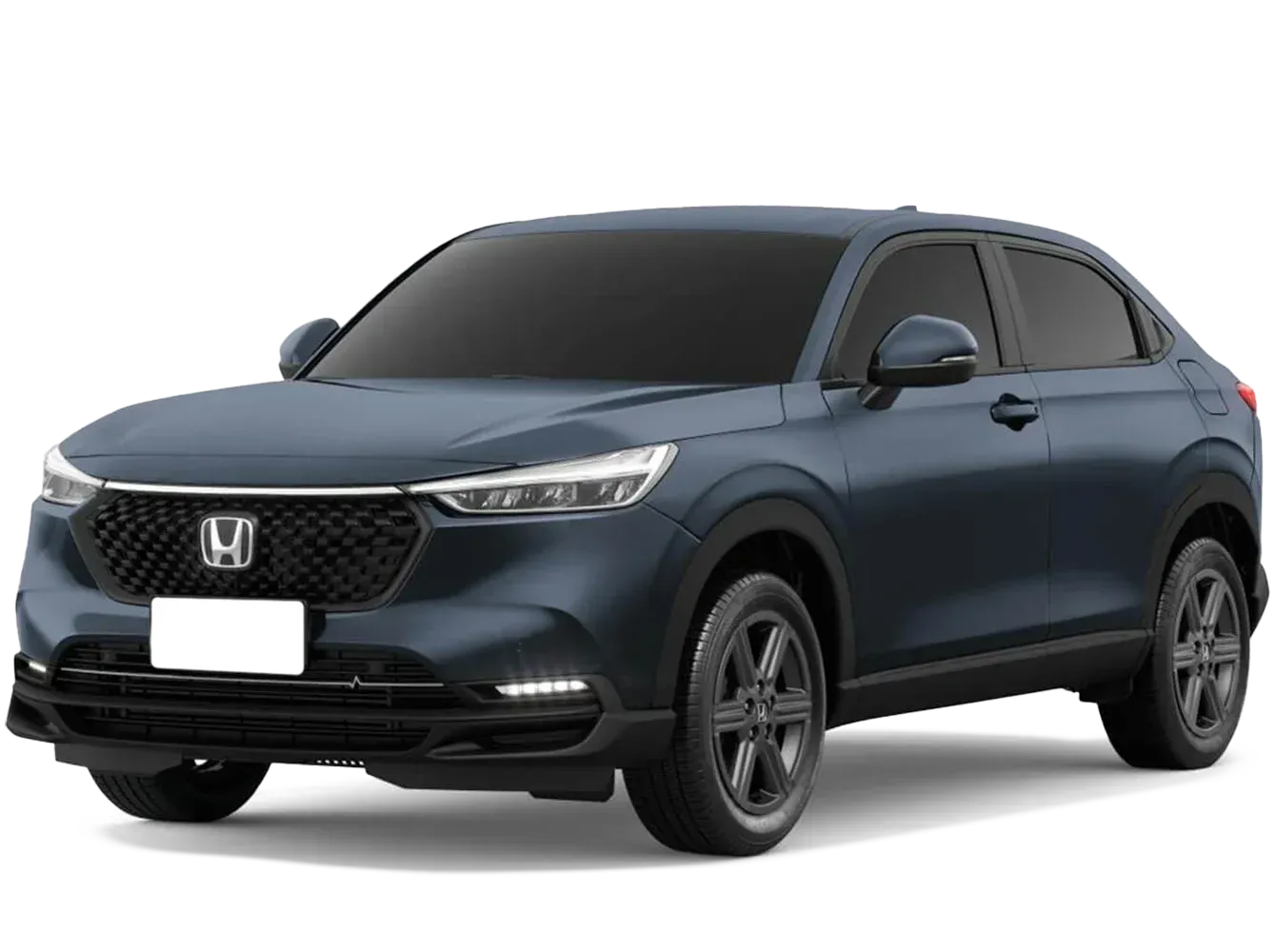 SUV Honda HR-V azul escuro. Vista em ângulo, estacionado em fundo branco. Rodas e detalhes em preto.