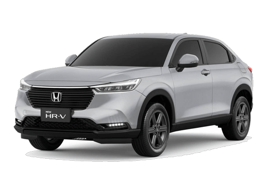 SUV Honda HR-V prata sobre fundo branco, rodas pretas, faróis acesos.