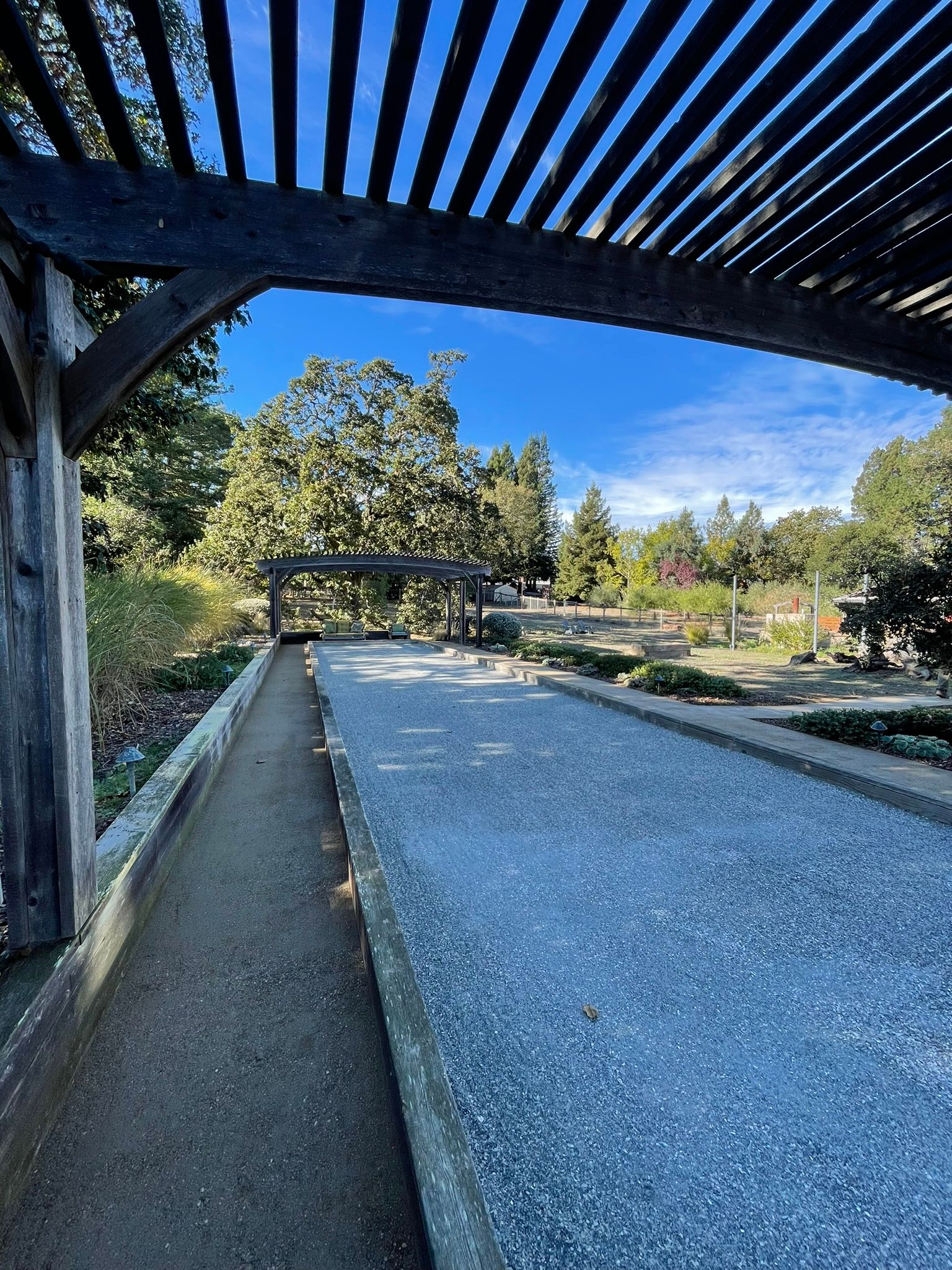 Shaded gravel path under a pergola, with garden beds and blue sky beyond.