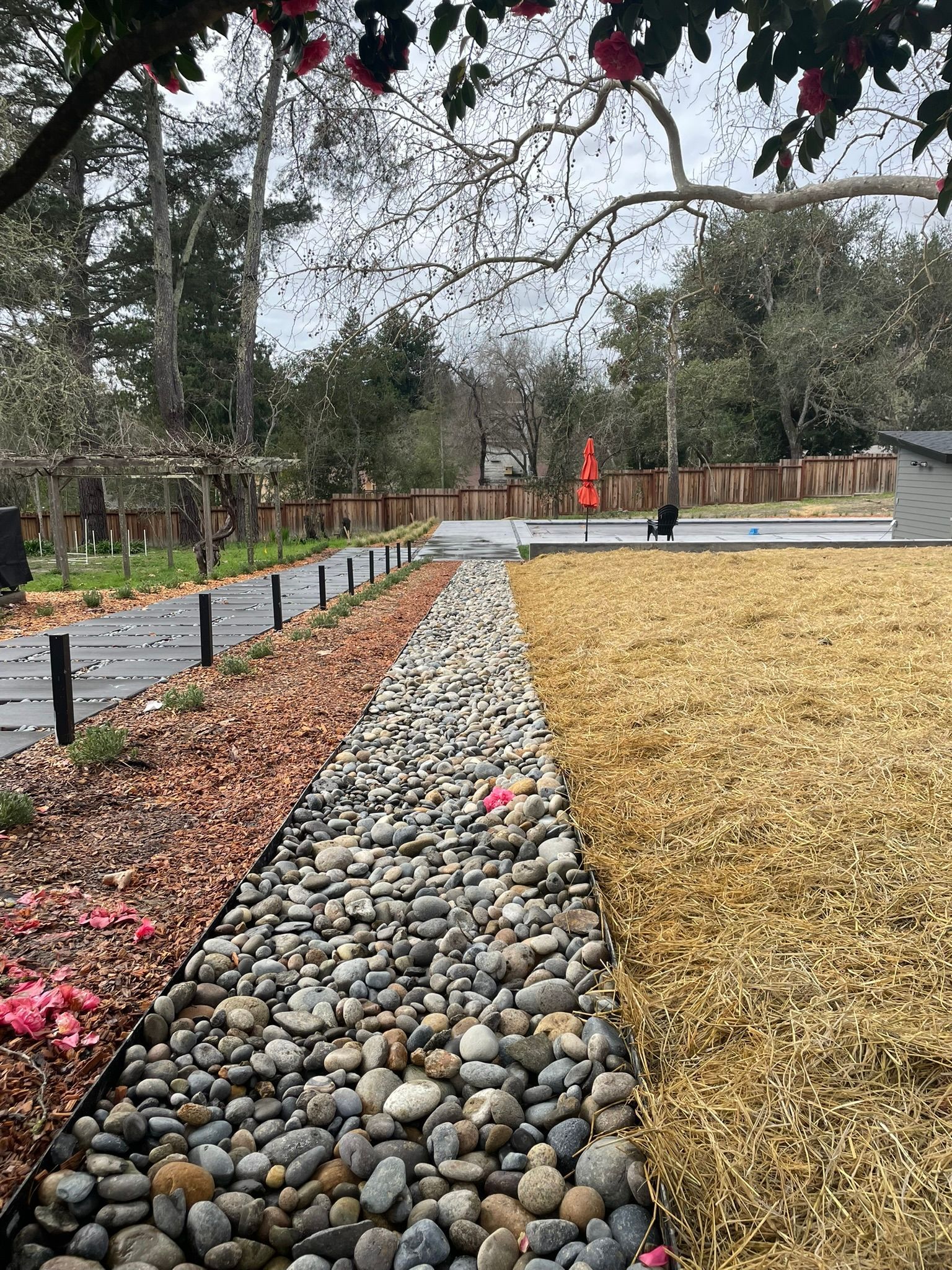 Stone-lined walkway in a park with red mulch beds, grass, and trees under a cloudy sky