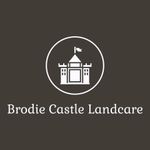 Brodie Castle Landscape logo: white castle icon and text on dark brown background