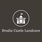 Brodie Castle Landscape logo: white castle icon and text on dark brown background
