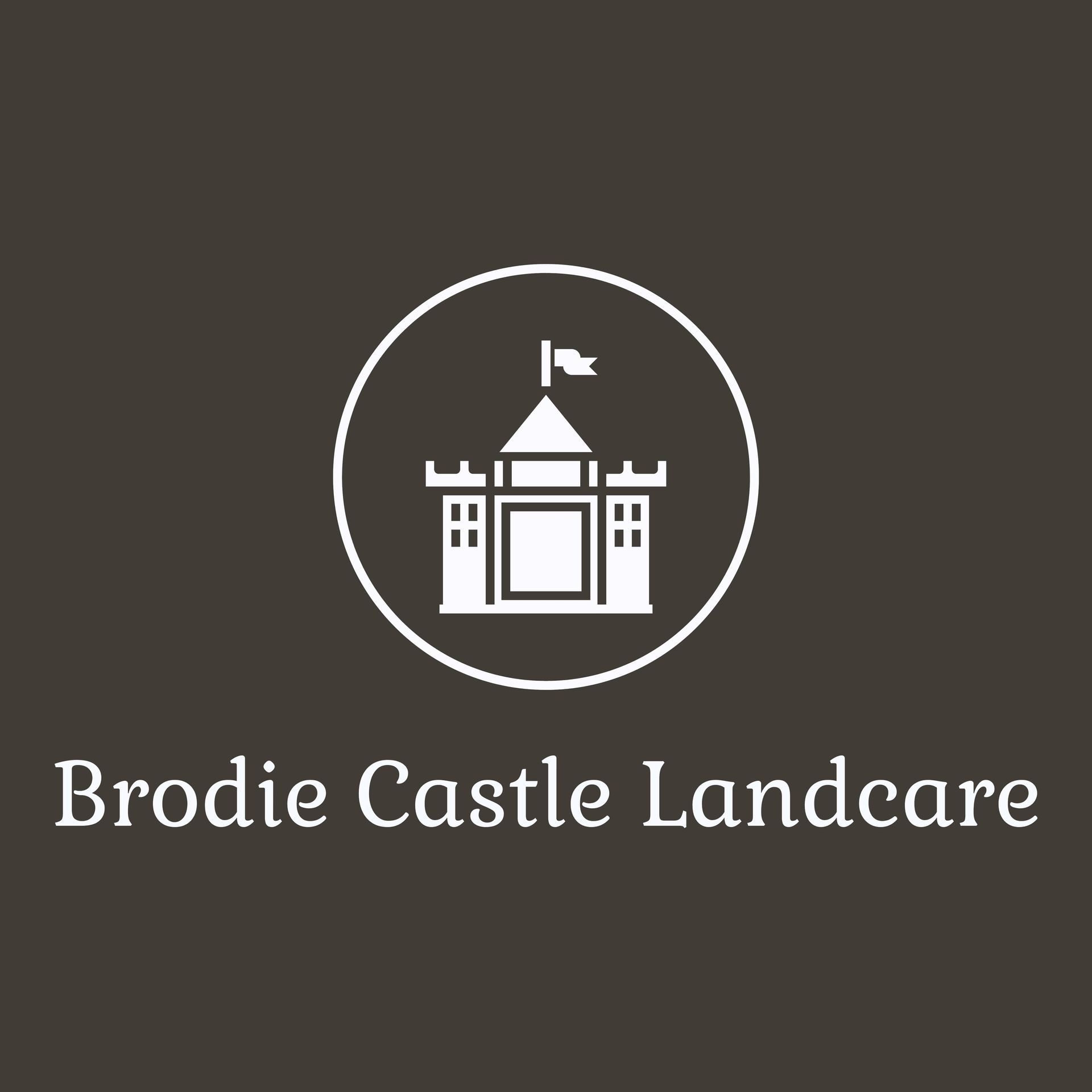 Brodie Castle Landscape logo: white castle icon and text on dark brown background