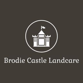 Brodie Castle Landscape logo: white castle icon and text on dark brown background