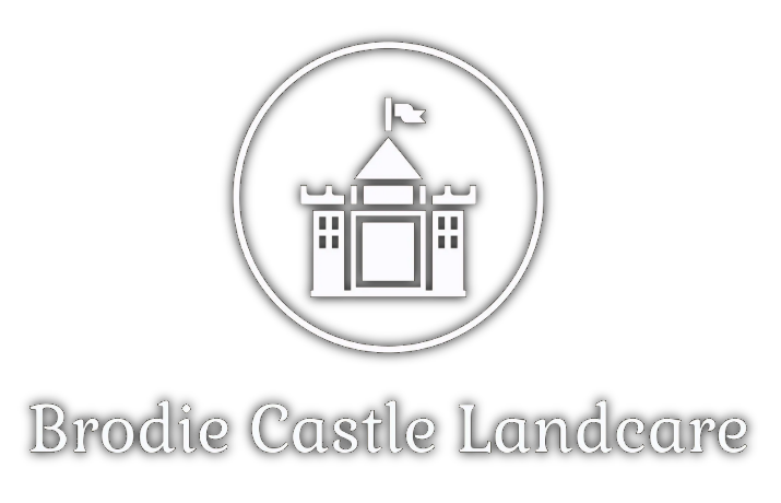 Brodie Castle Landscape logo: white castle icon and text on dark brown background