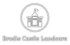 Brodie Castle Landscape logo: white castle icon and text on dark brown background