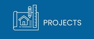 Blue icon featuring a house blueprint, pencil, and ruler next to the text