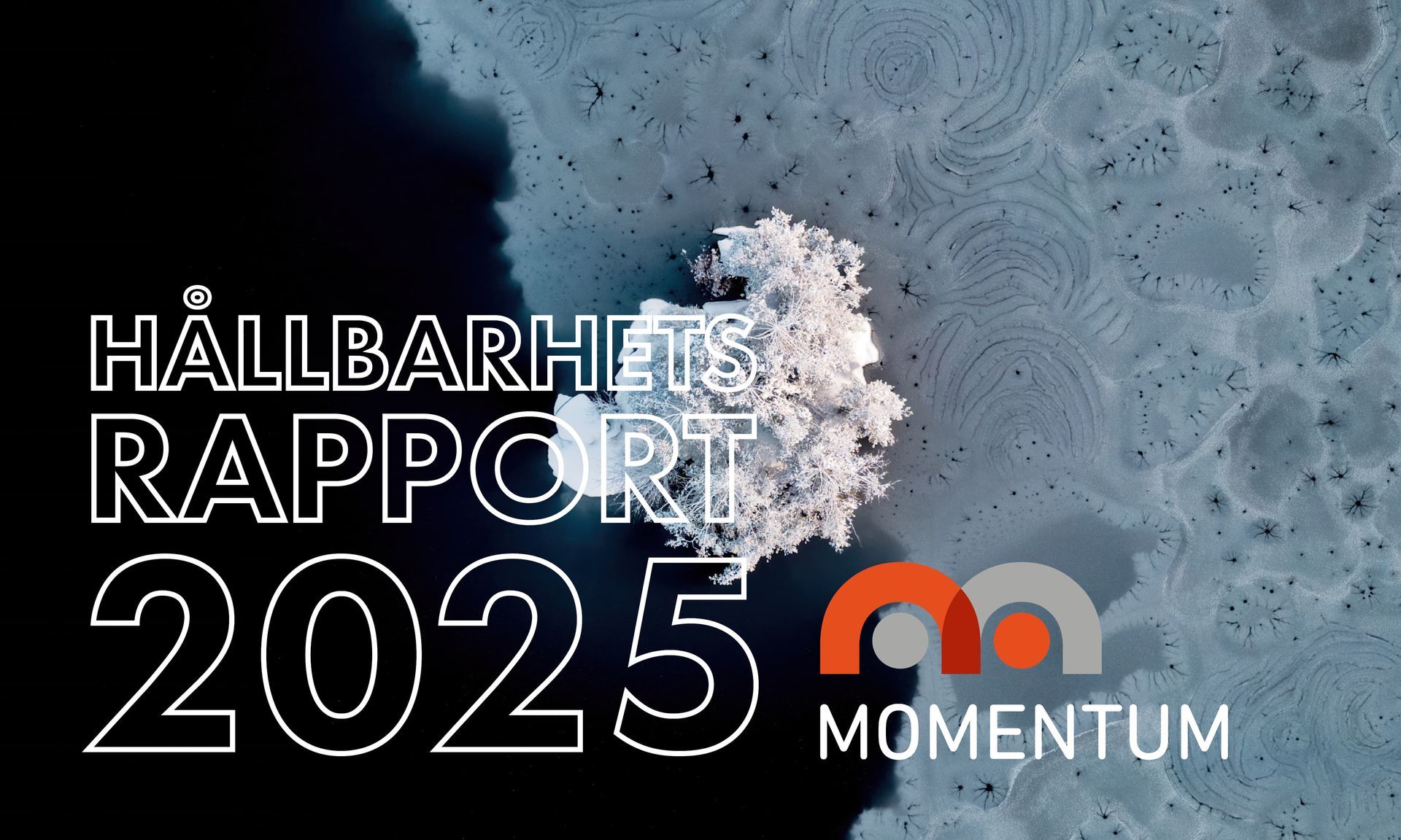 Hållbarhetsrapport 2025 omslag med vit text, isblå bakgrund och Momentum-logotyp