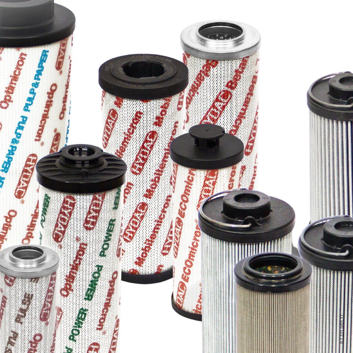 Blandade cylindriska luftfilter med vita, svarta och veckade silvermönster på vit bakgrund