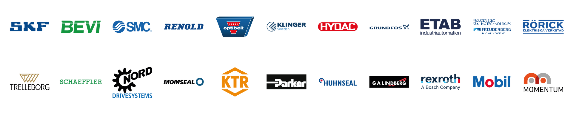 Rad med sponsorlogotyper i blått, rött, svart och guld på vit bakgrund, arrangerade överst och underst