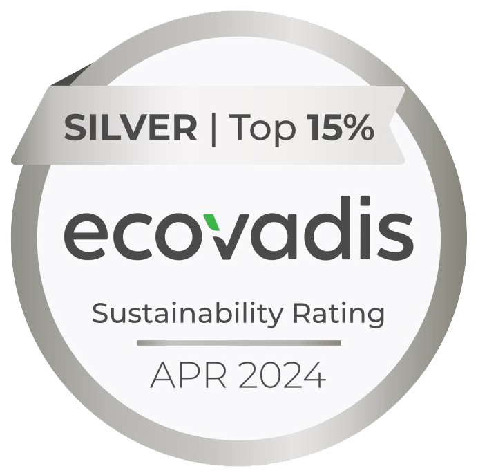 EcoVadis hållbarhetsmärke, Silver topp 15 %, april 2024, i grått och svart.