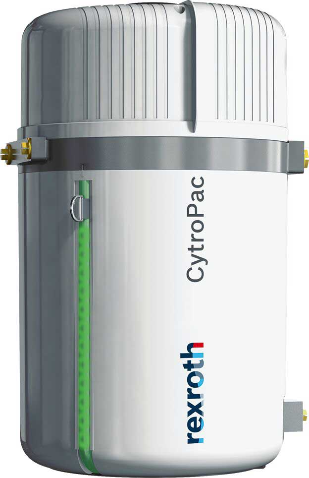 Vit Rexroth CytroPac hydraulenhet med grå topp och grön mätremsa.