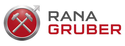 RANA GRUBER-logotyp med ett rött, runt hackaemblem och grå och röd text