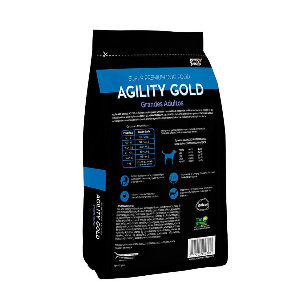 Bolsa de comida para perros Agility Gold, con un perro blanco corriendo por el campo. Envase azul, negro y verde.
