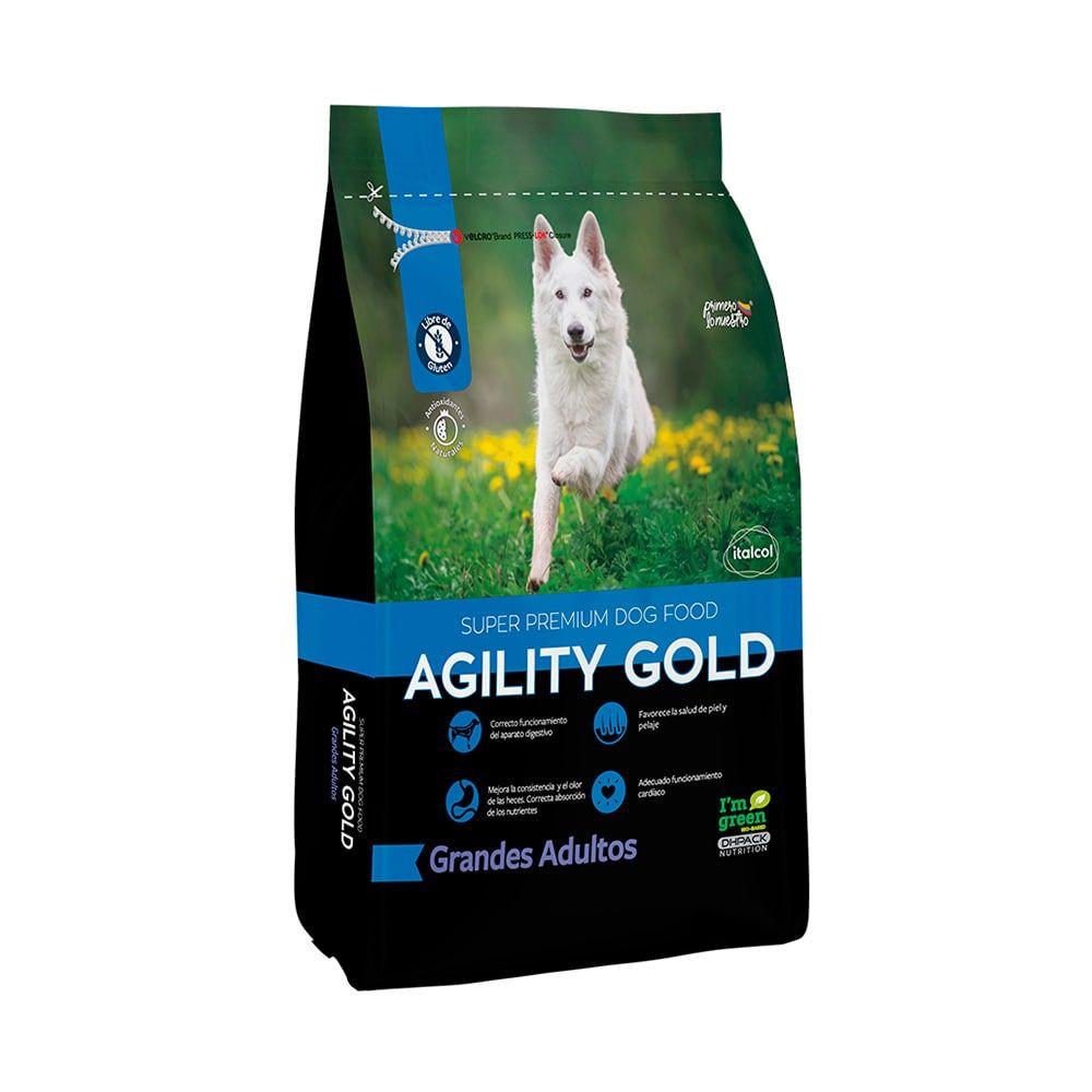 Bolsa de comida para perros Agility Gold, con un perro blanco corriendo por el campo. Envase azul, negro y verde.