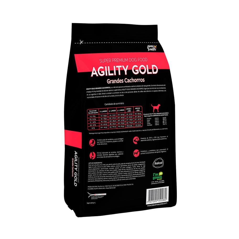 Bolsa de comida para perros: Agility Gold para cachorros grandes, bolsa negra con diseño de perro Terranova.
