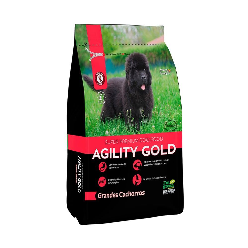 Bolsa de comida para perros: Agility Gold para cachorros grandes, bolsa negra con diseño de perro Terranova.