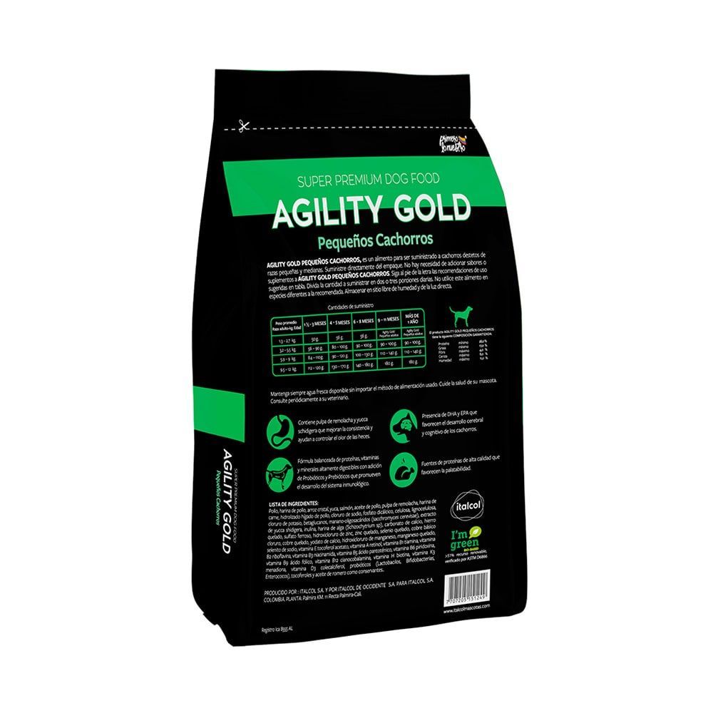 Bolsa de alimento para perros Agility Gold para cachorros pequeños, empaque negro y verde, beagles en el frente.