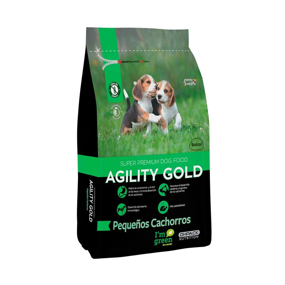 Bolsa de alimento para perros Agility Gold para cachorros pequeños, empaque negro y verde, beagles en el frente.