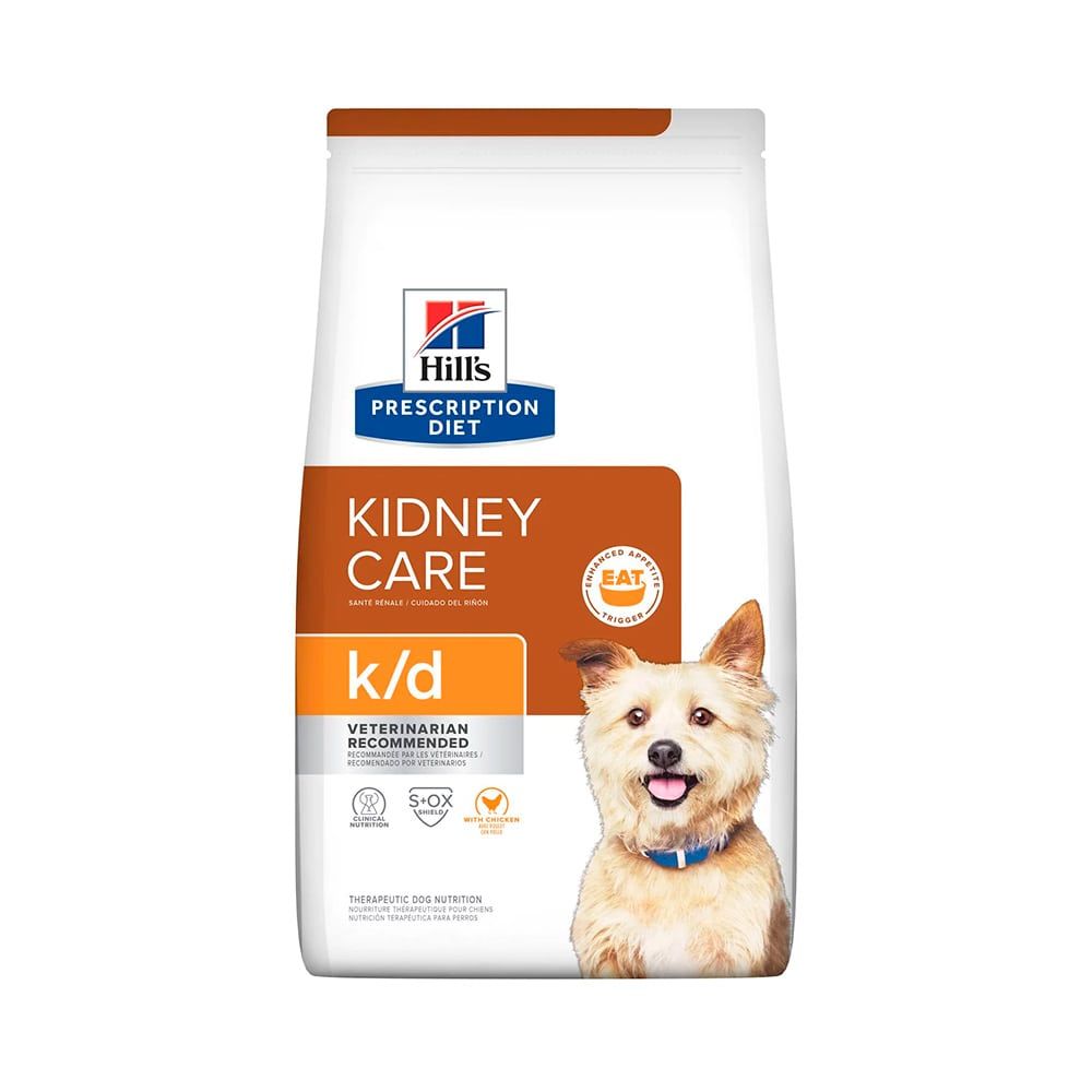 Bolsa de alimento para perros Hill's Prescription Diet k/d renal care. Un perro sonríe a la cámara en el envase.