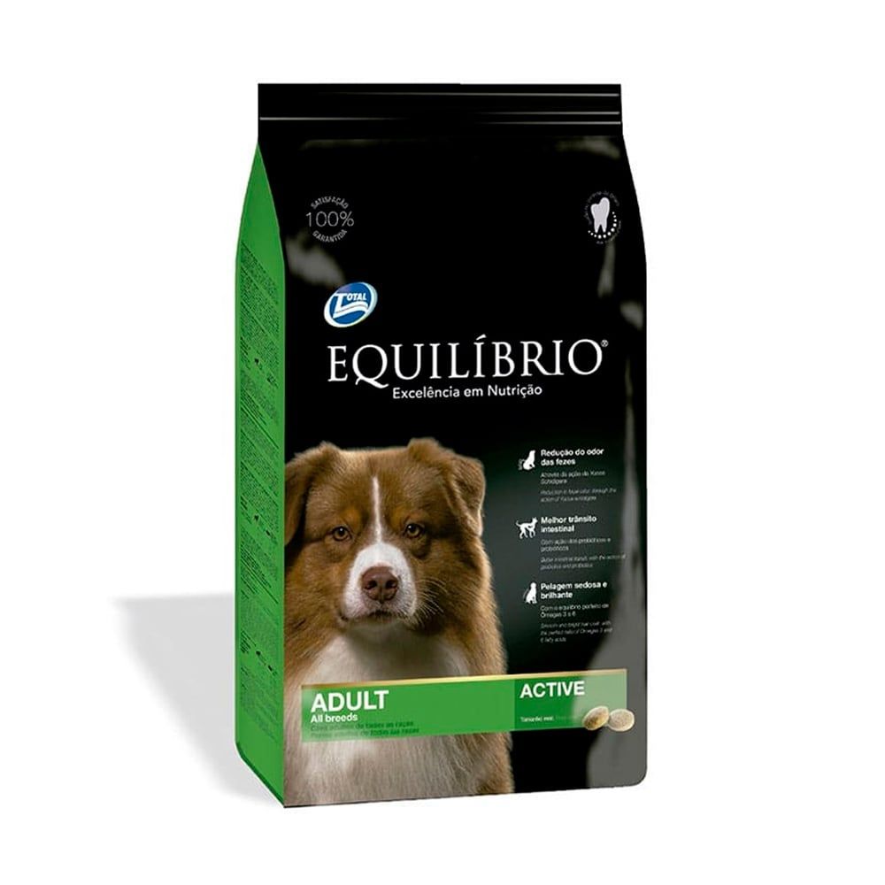 Bolsa de alimento Equilíbrio para perros adultos activos. Presenta un perro marrón y blanco en una bolsa negra y verde.