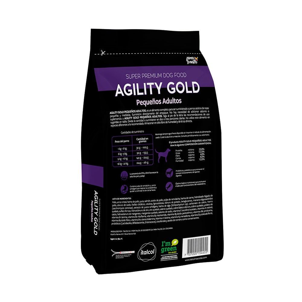 Bolsa de comida para perros Agility Gold con un perro marrón corriendo en un campo.
