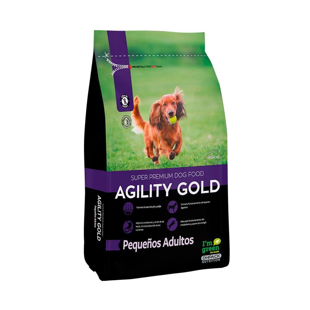 Bolsa de comida para perros Agility Gold con un perro marrón corriendo en un campo.