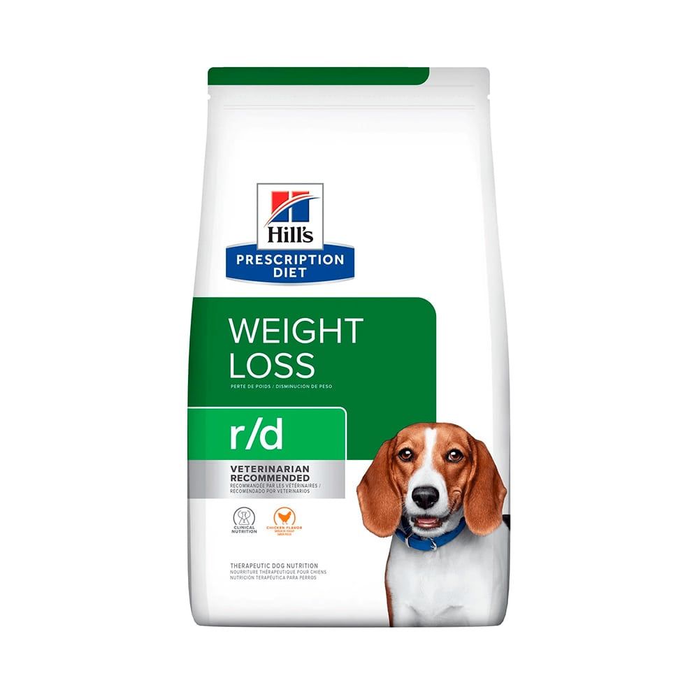 Bolsa de alimento para perros Hill's Prescription Diet r/d para bajar de peso, con un beagle sobre un fondo blanco.