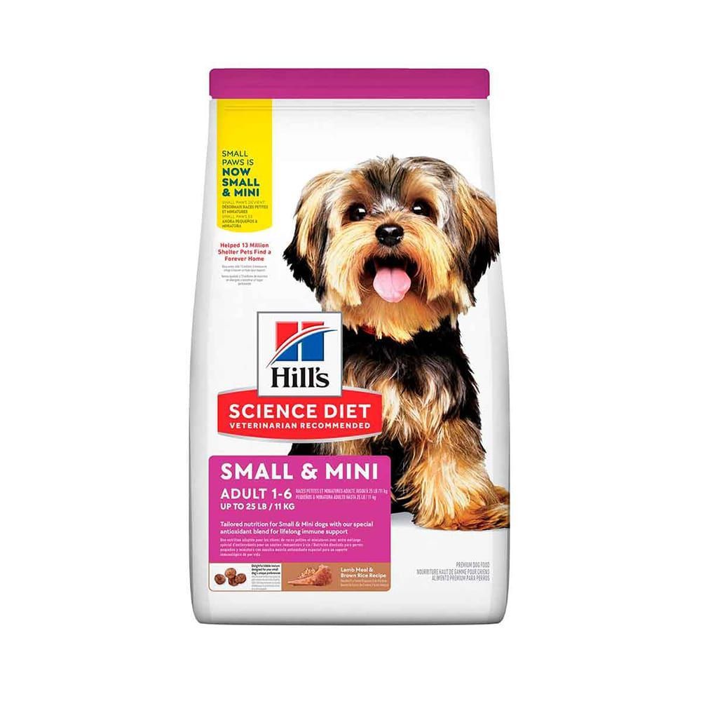 Bolsa de alimento para perros Hill's Science Diet para razas pequeñas adultas, con un Yorkshire Terrier en el frente.