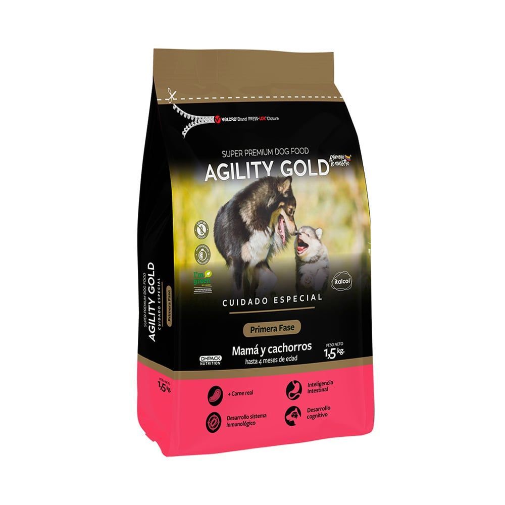 Bolsa de alimento para perros Agility Gold con foto de perros. Contiene carne de res y alimento para cachorros.