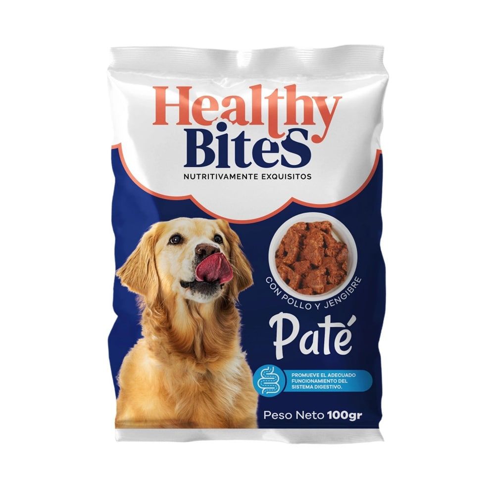 Bolsa de comida para perro con un golden retriever y un bol de paté, envase de color azul y blanco.