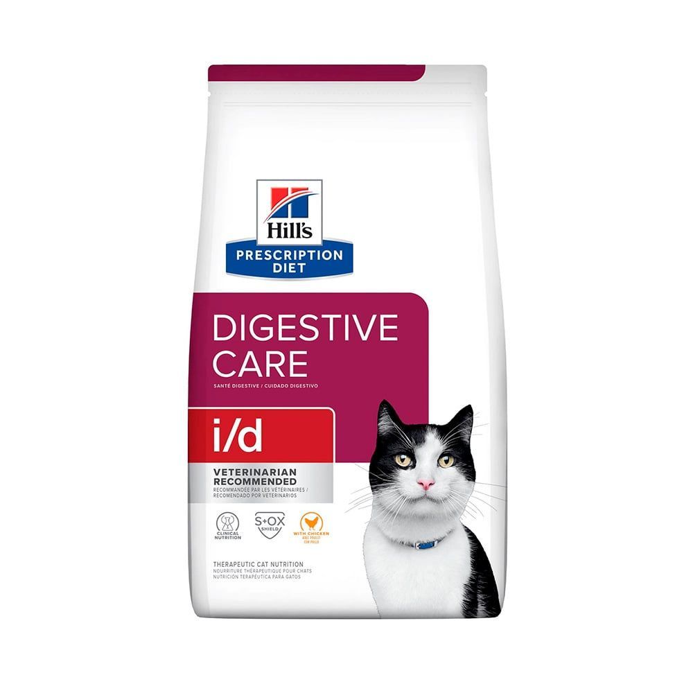 Bolsa de alimento para gatos Hill's Prescription Diet i/d. Presenta un gato blanco y negro y el texto 