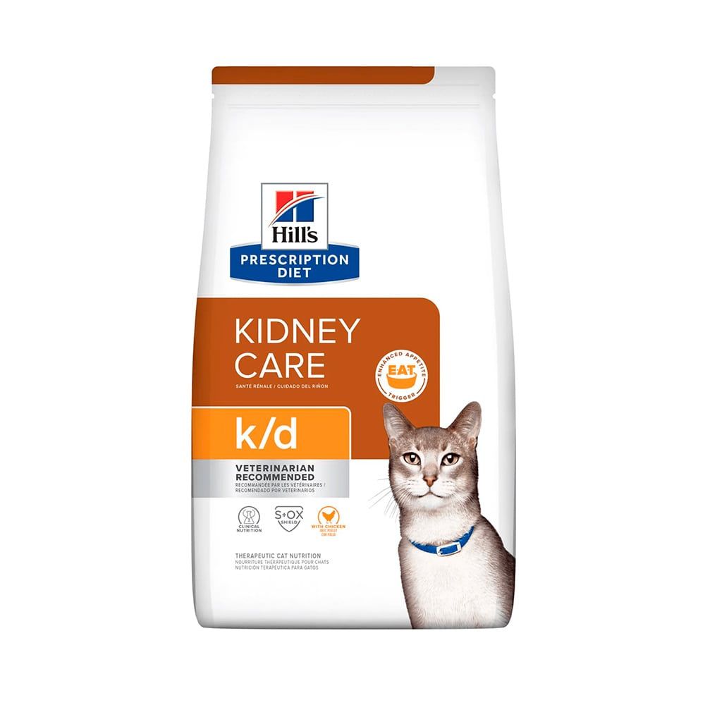 Bolsa de alimento para gatos Hill's Prescription Diet k/d para el cuidado renal, con un gato que lleva un collar azul.
