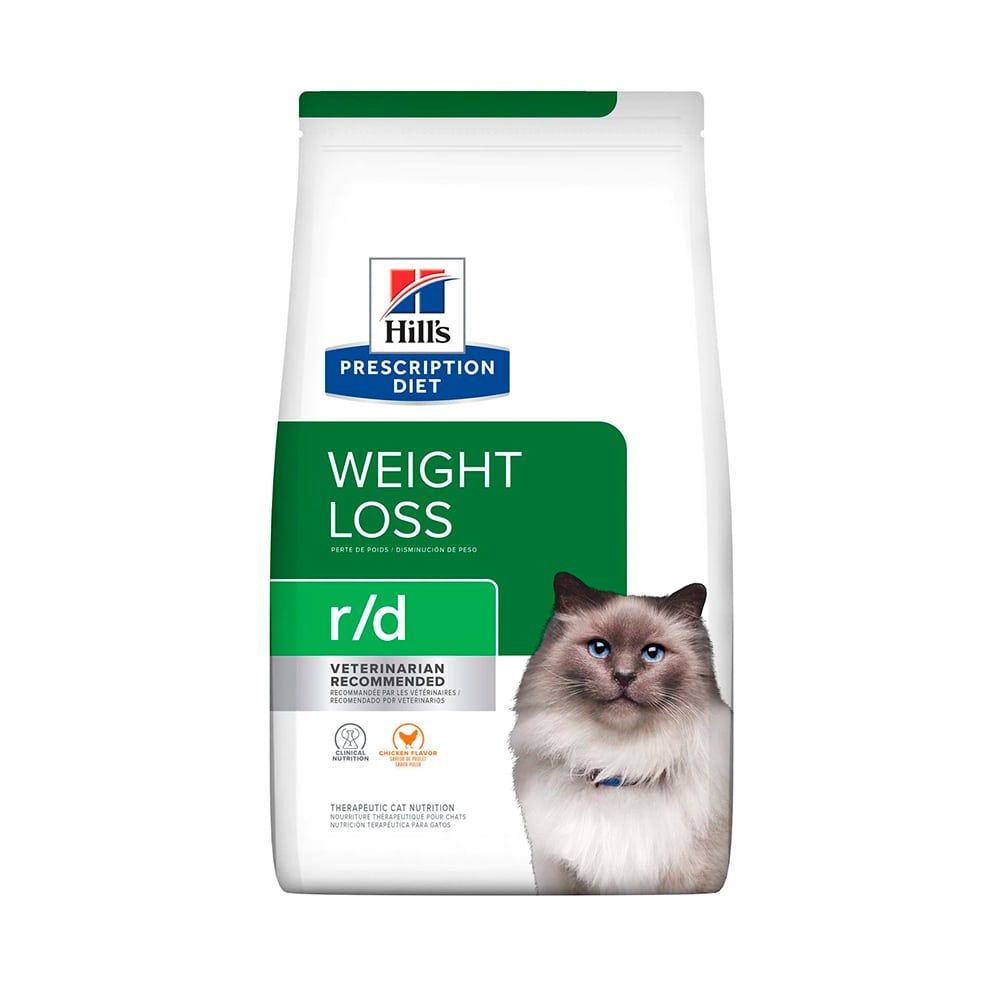 Bolsa de comida para gatos Hill's Prescription Diet para bajar de peso, con un gato Ragdoll. Envase blanco y verde.
