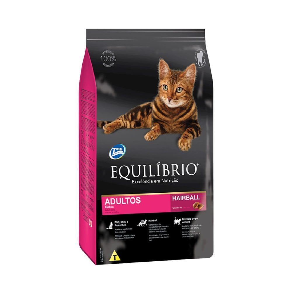 Bolsa de comida para gatos: gato atigrado marrón, marca “Equilibrio”, envase rosa y negro.