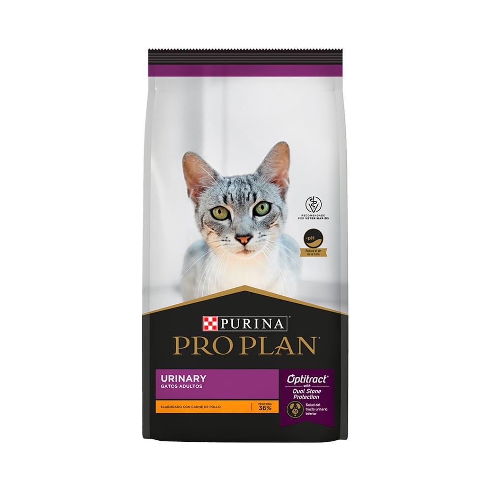 Bolsa de alimento para gatos Purina Pro Plan Urinary con un gato en el frente.