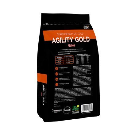 Bolsa de comida para gatos Agility Gold, con un gato pelirrojo en el frente.