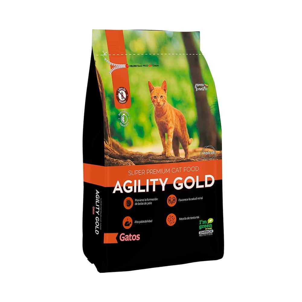 Bolsa de comida para gatos Agility Gold, con un gato pelirrojo en el frente.