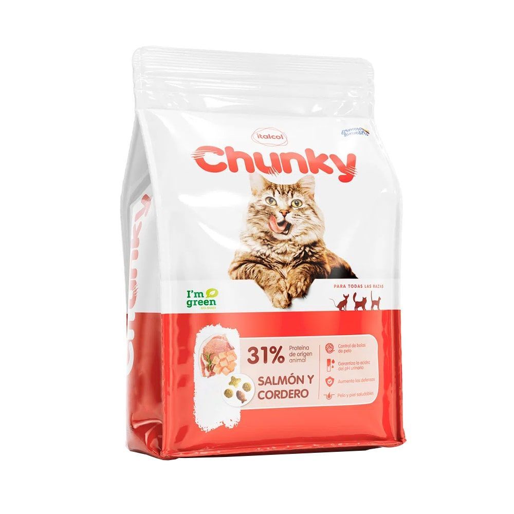 Bolsa de comida para gatos Chunky con imagen de gato, sabor a salmón y cordero.