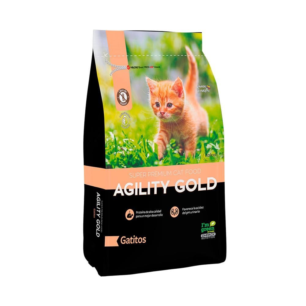 Bolsa de comida para gatitos Agility Gold, que presenta un gatito naranja caminando sobre el césped.