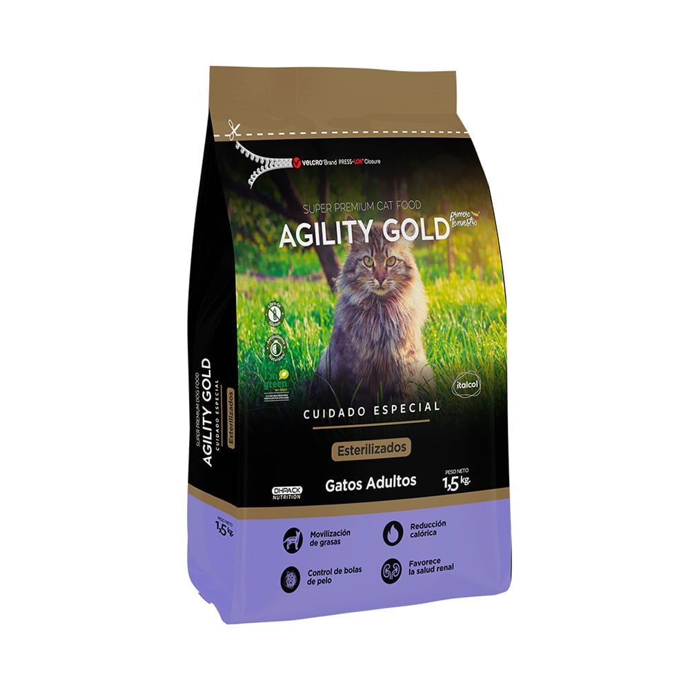 Bolsa de comida para gatos de Agility Gold, con imagen de gato, en color morado y dorado.