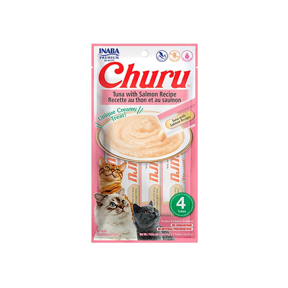 Paquete de premios Churu para gatos; receta de pollo con queso. Amarillo, con 4 tubos y fotos del gato.