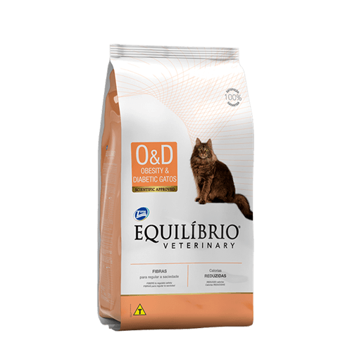 Bolsa de alimento Equilíbrio Veterinary O&D para gatos obesos y diabéticos. Presenta la imagen de un gato marrón.
