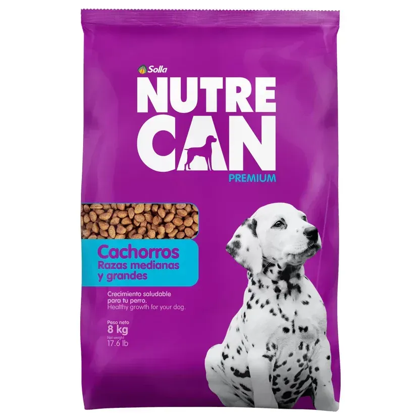 Bolsa morada de alimento para perros Nutre Can para cachorros de razas medianas y grandes, con dálmata.