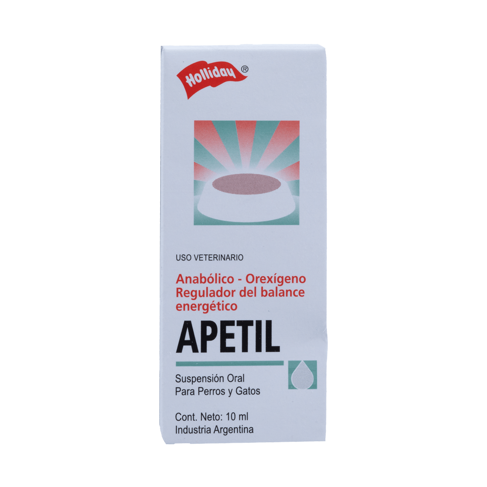 Caja de suspensión oral de Apetil para ponis y gatos. Caja blanca con diseño y texto en rojo y verde azulado.