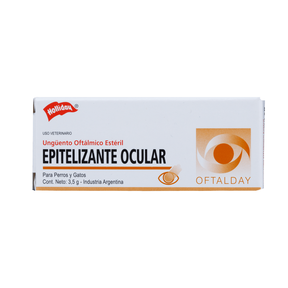 Caja de ungüento oftálmico “EPITELIZANTE OCULAR”, para uso veterinario, con diseño naranja y blanco.